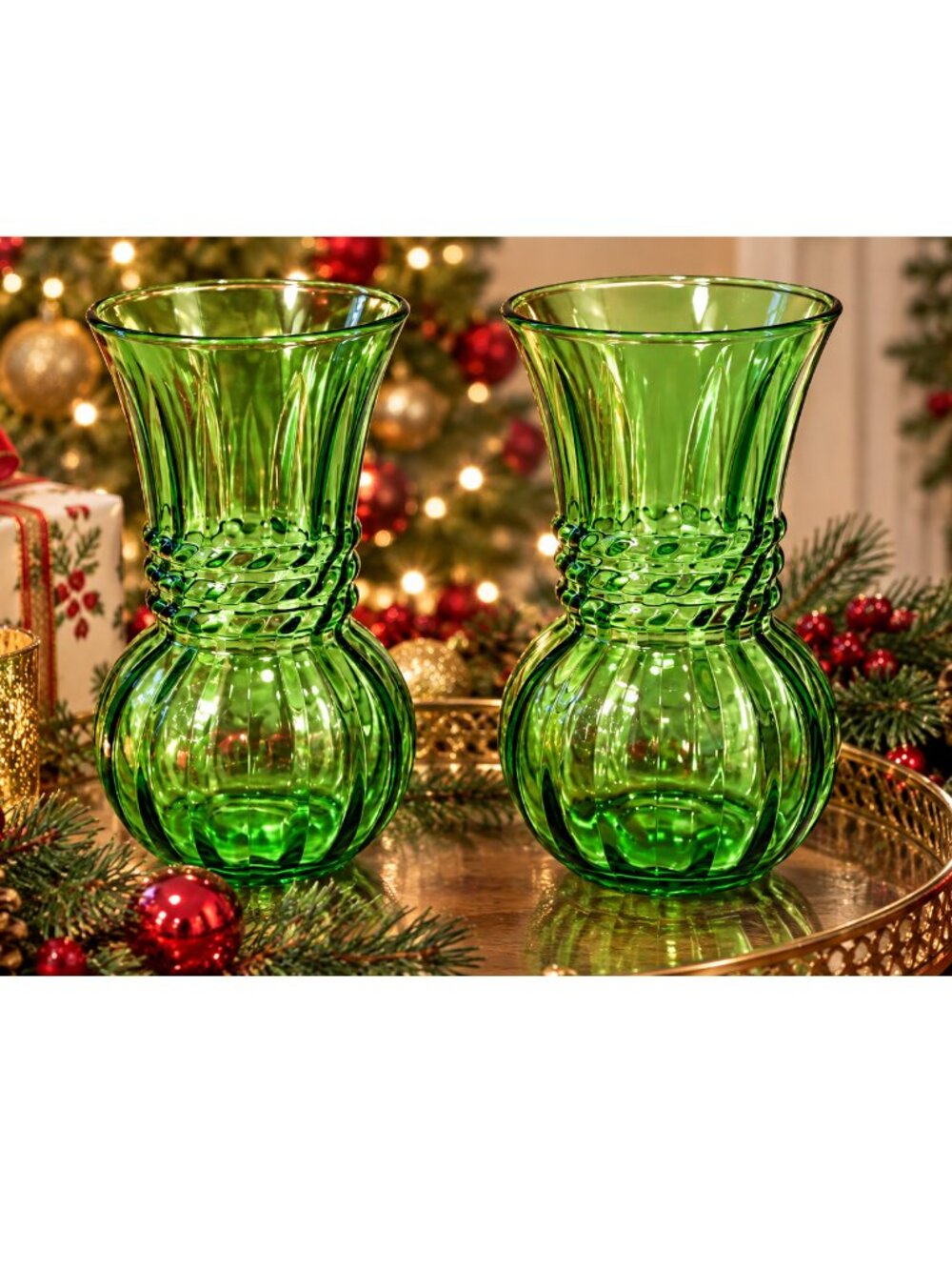 Set of 4 Vintage Anchor Hocking Green Glass Assorted Ribbed Vases Swirl 6.5"